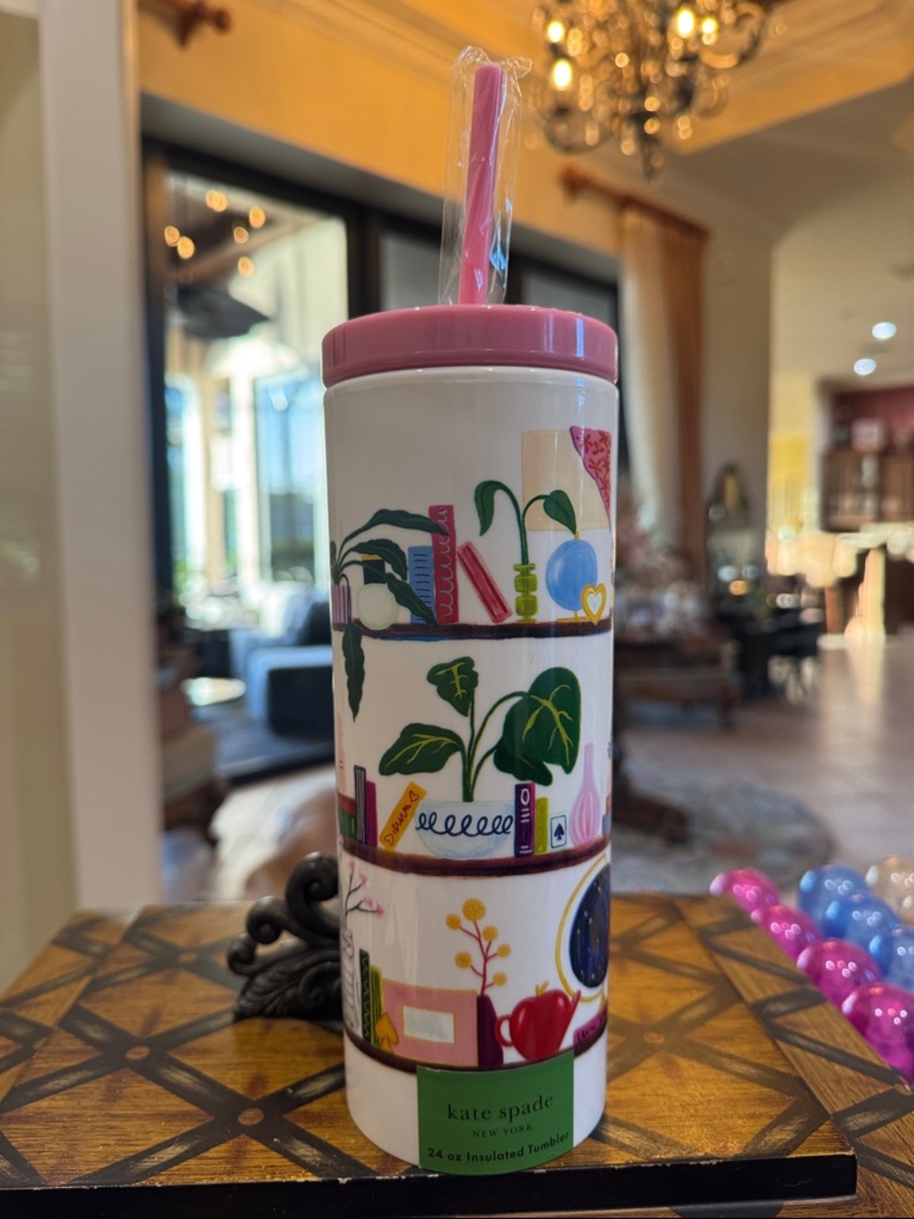 Kate Spade Pink-Lid Insulated Tumbler with Straw